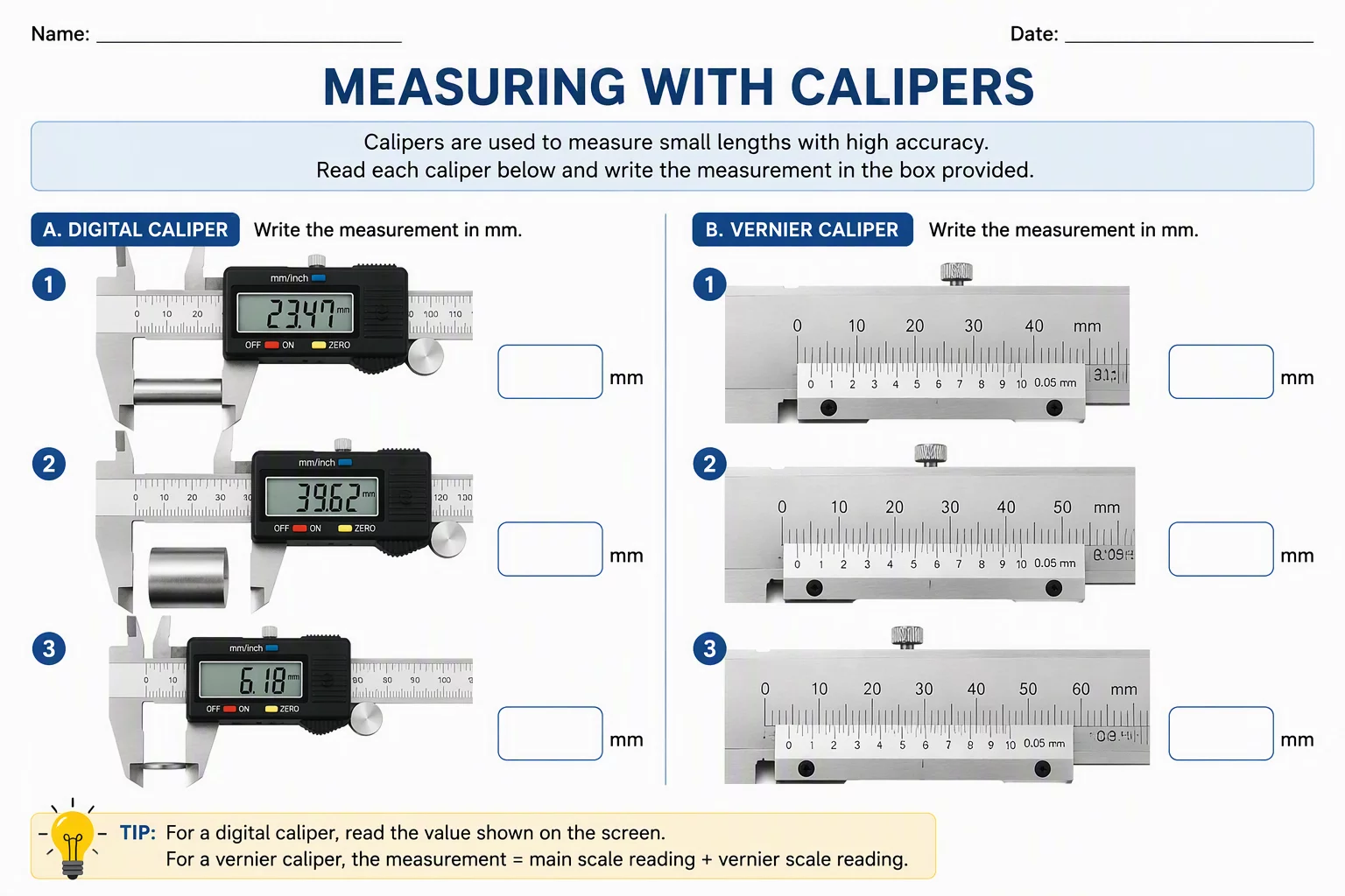 Caliper Practice Worksheet
